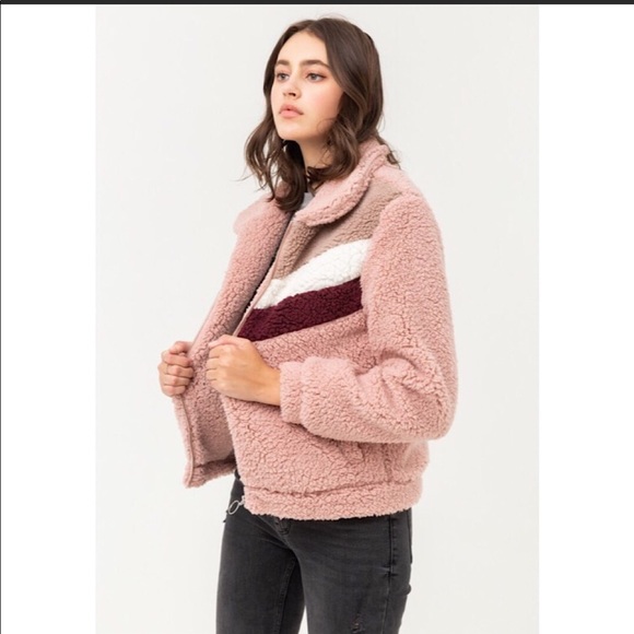 NWT Mauve Contrast Color Block Sherpa Jacket L - Picture 2 of 6